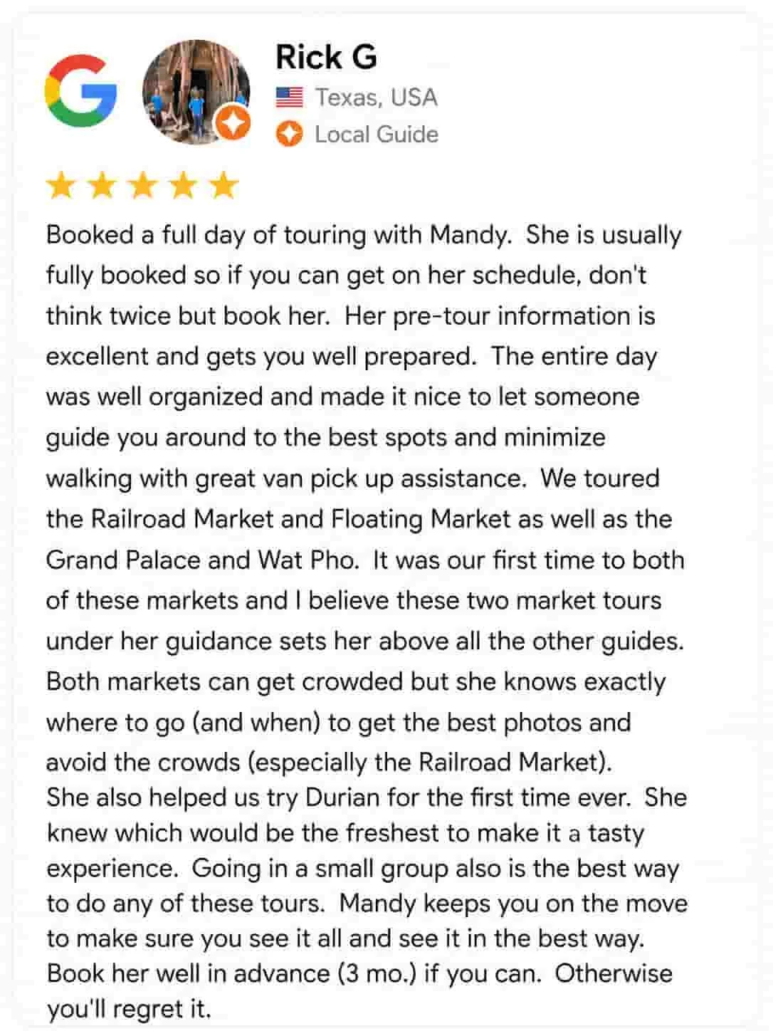 5-star review for Guide Mandy on a Bangkok Private Guide experience