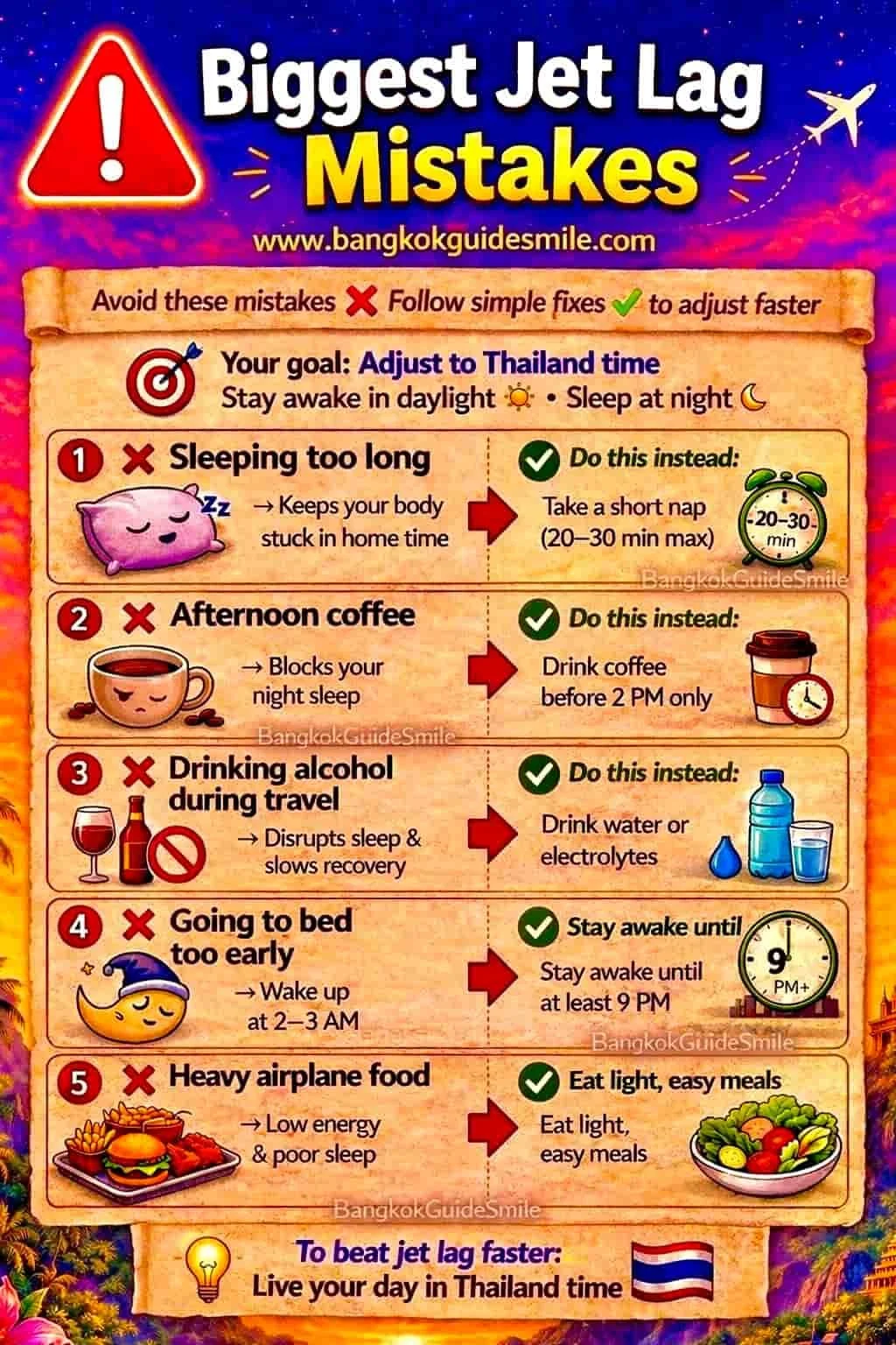 Morning sunlight walk Bangkok helping tourists adjust jet lag