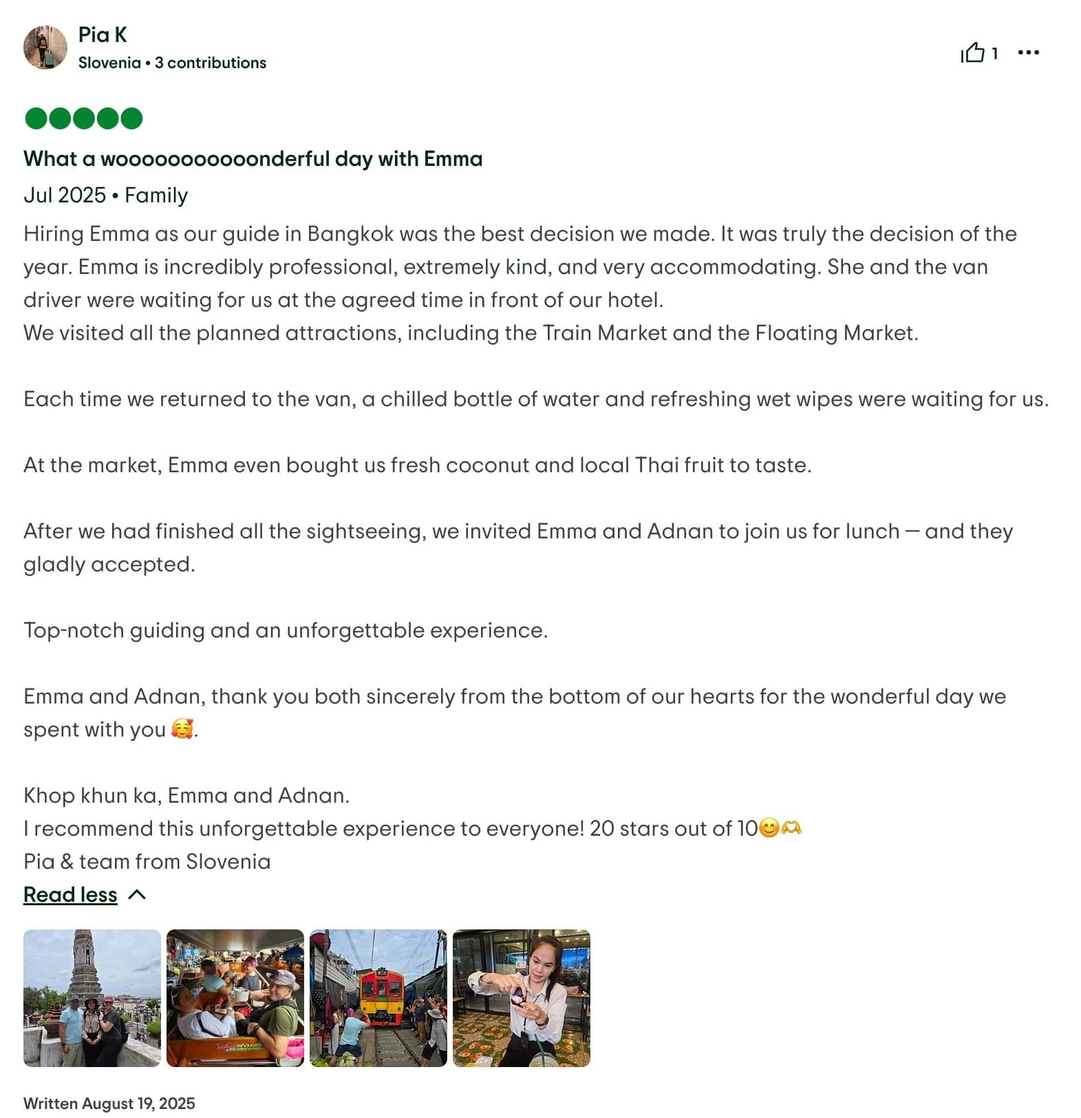 Tourist reviews fun experience with Bangkok Private Female Guide Emma