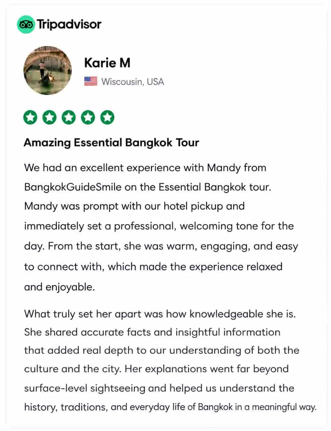 Tourist feedback about Bangkok Tour Guide Mandy’s friendly and professional guiding