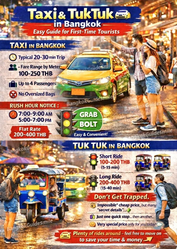 Tourists riding tuk tuk and taxi near Bangkok temples