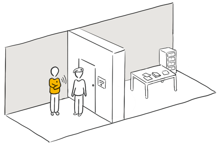  Illustration of a room with two people standing. One of them wears an orange shirt where the modular camera is hidden. 