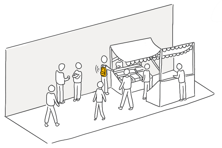  Illustration of a street market with several people. One of them wears an orange backpack where the modular camera is hidden. 