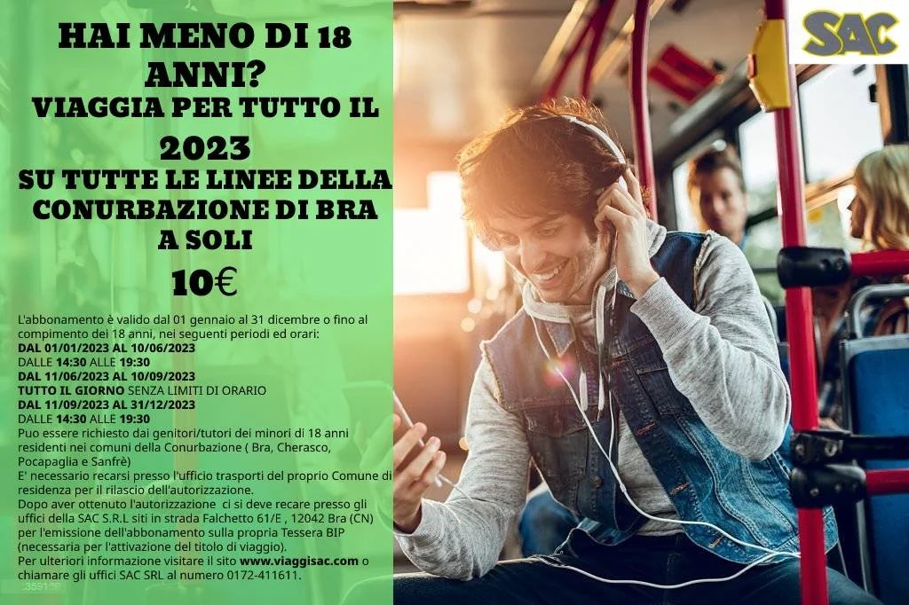 HAI MENO DI 18 ANNI? VIAGGIA PER TUTTO IL 2023 SU TUTTE LE LINEE DELLA CONURBAZIONE DI BRA A SOLI €10
