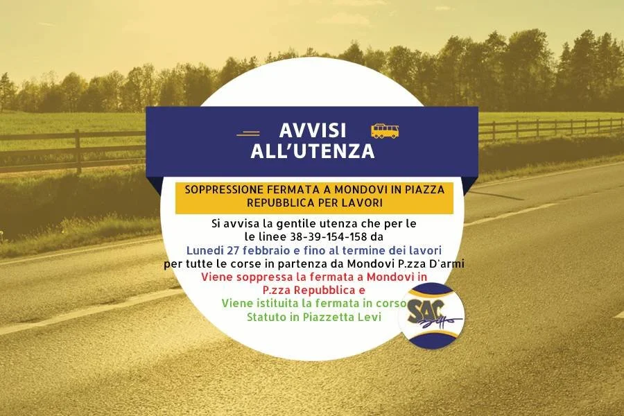 SOPPRESSIONE FERMATA A MONDOVÌ IN P.ZZA DELLA REPUBBLICA PER LAVORI LINEE 38 -39-154-158
