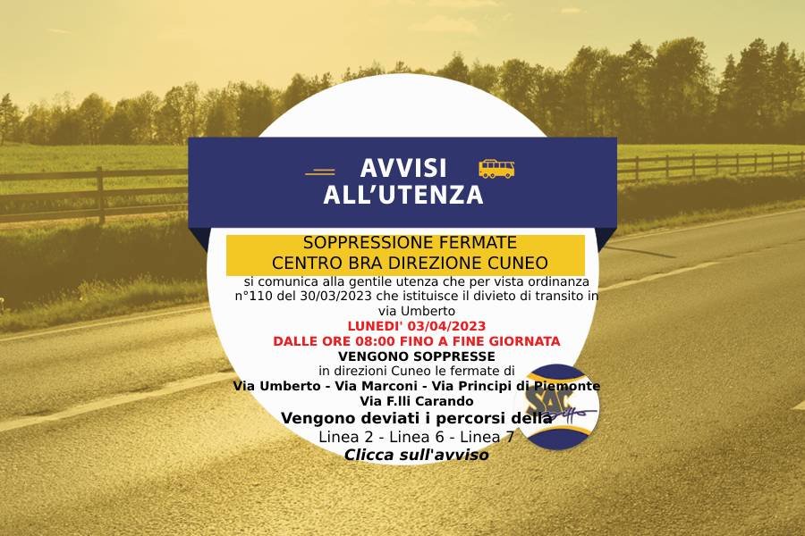 SOPPRESSIONE FERMATE IN CENTRO BRA DIREZIONE CUNEO PER LAVORI