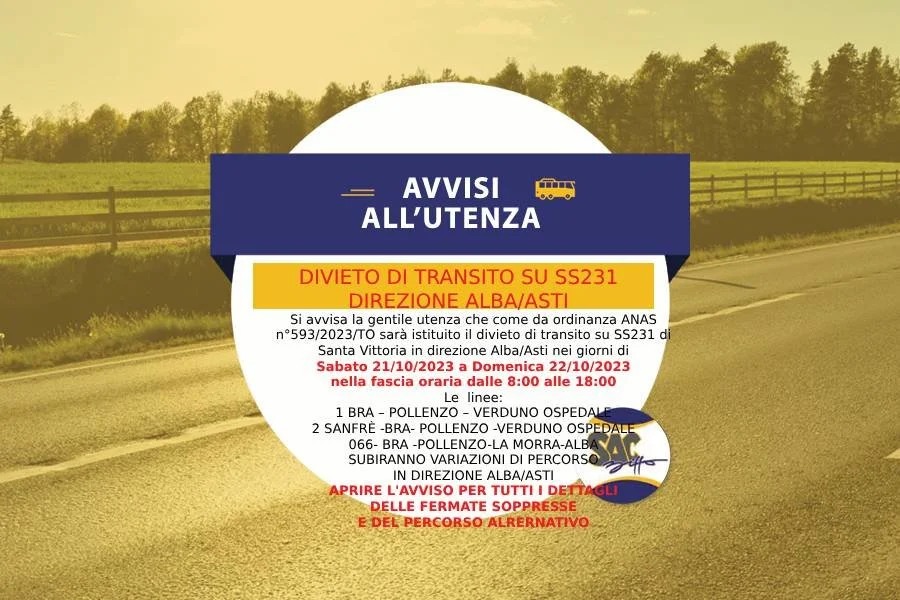 Modifica dei percorsi delle linee TPL di Bra - Divieto Transito SS231