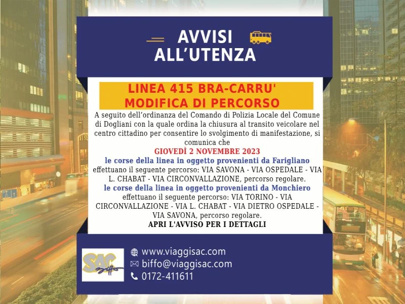 Linea 415 BRA – CARRÙ - MODIFICA DI PERCORS