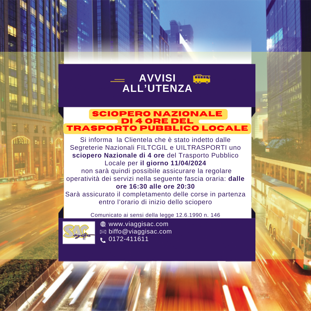 SCIOPERO NAZIONALE  DI 4 ORE del  Trasporto Pubblico Locale
