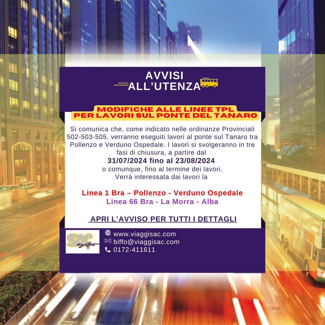 MODIFICHE ALLE LINEE TPL PER LAVORI SUL PONTE DEL TANARO