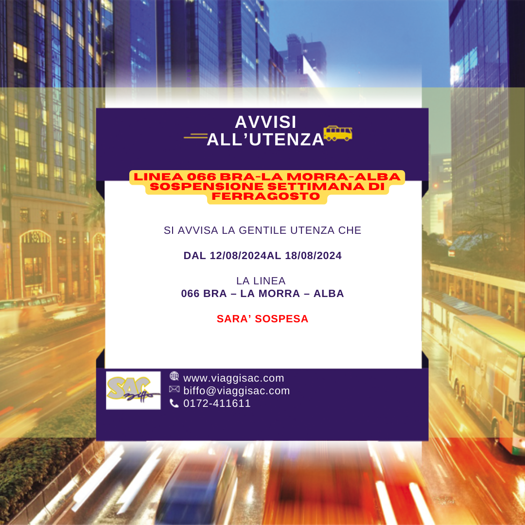 LINEA 66 BRA-LA MORRA- ALBA SOSPENSIONE SETTIMANA DI FERRAGOSTO 