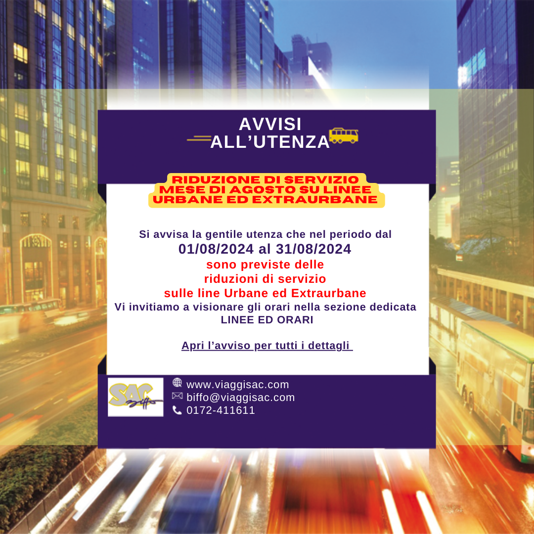 RIDUZIONE DI SERVIZIO MESE DI AGOSTO SU LINEE URBANE ED EXTRAURBANE