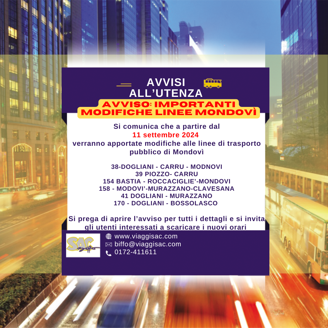      

 
   Si comunica che a partire  dall'11 settembre 2024  verranno apportate le seguenti modifiche alle linee di trasporto pubblico di Mondovì:  1.&nbsp;&nbsp;&nbsp;  Modifiche ai percorsi:   o&nbsp;&nbsp;&nbsp; Le corse n° 38019, 38031, 38037, 