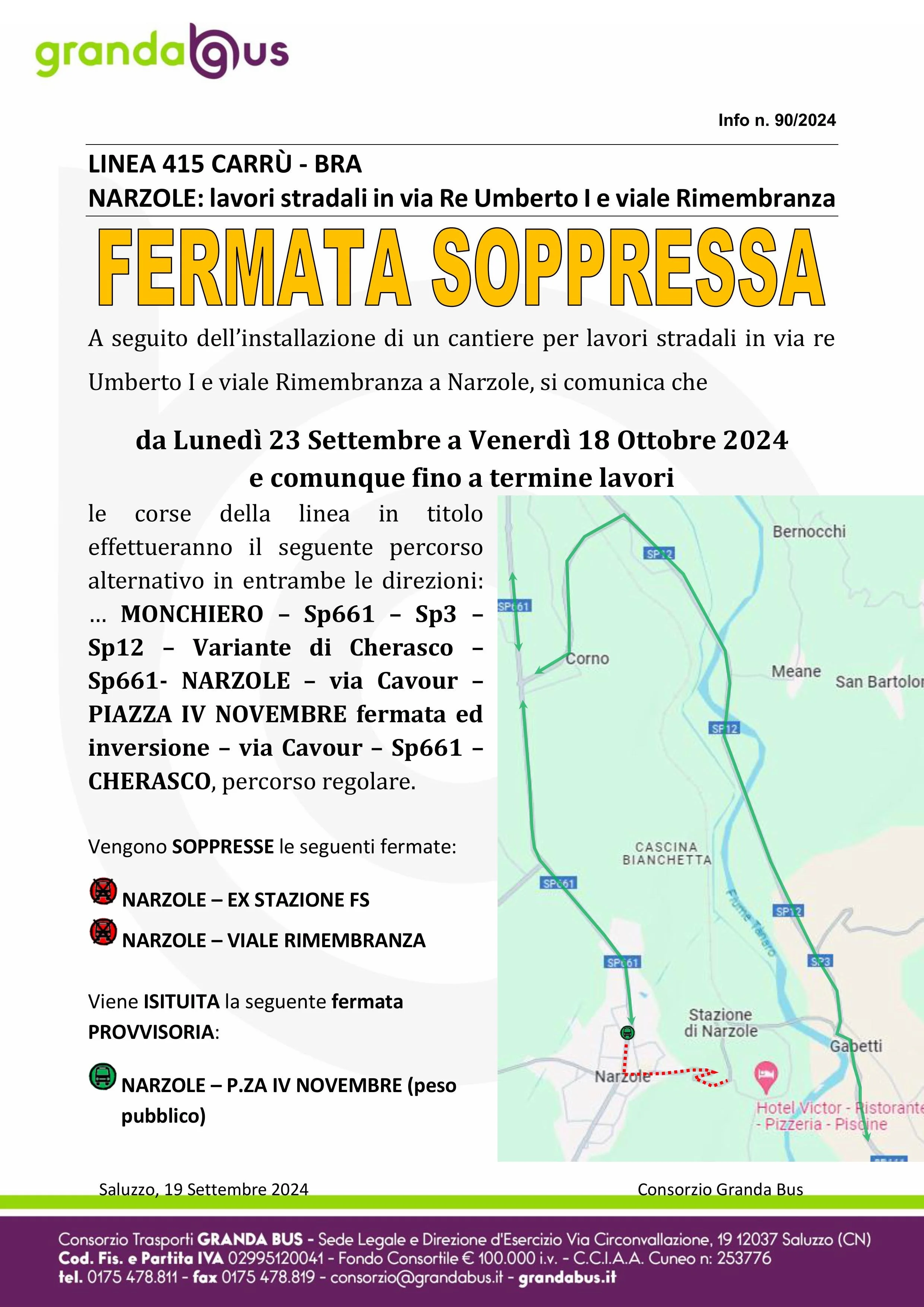 LINEA 415 CARRÙ - BRA  NARZOLE: lavori stradali in via Re Umberto I e viale Rimembranza