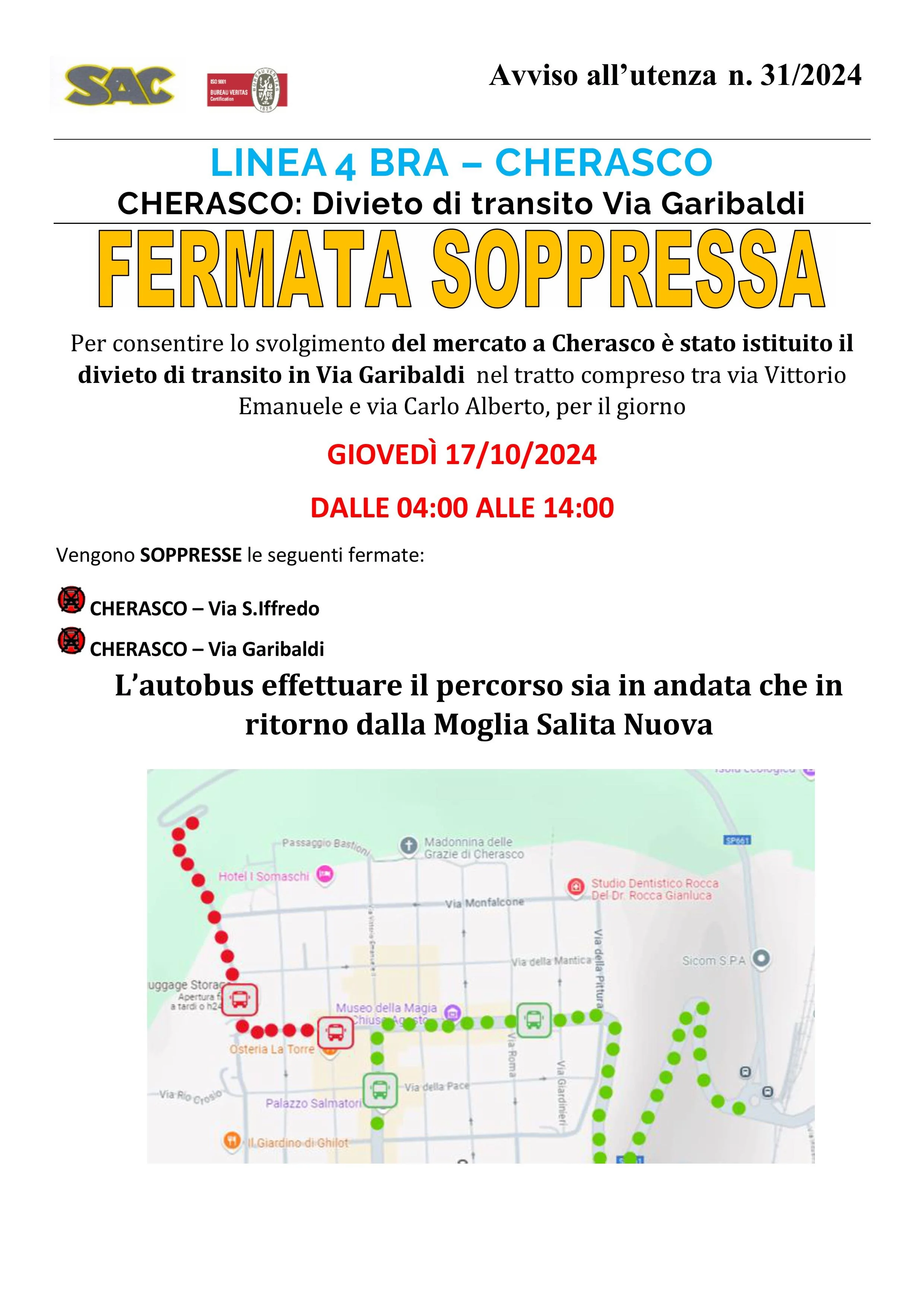 LINEA 4 BRA – CHERASCO ;  Divieto di transito Via Garibaldi a Cherasco