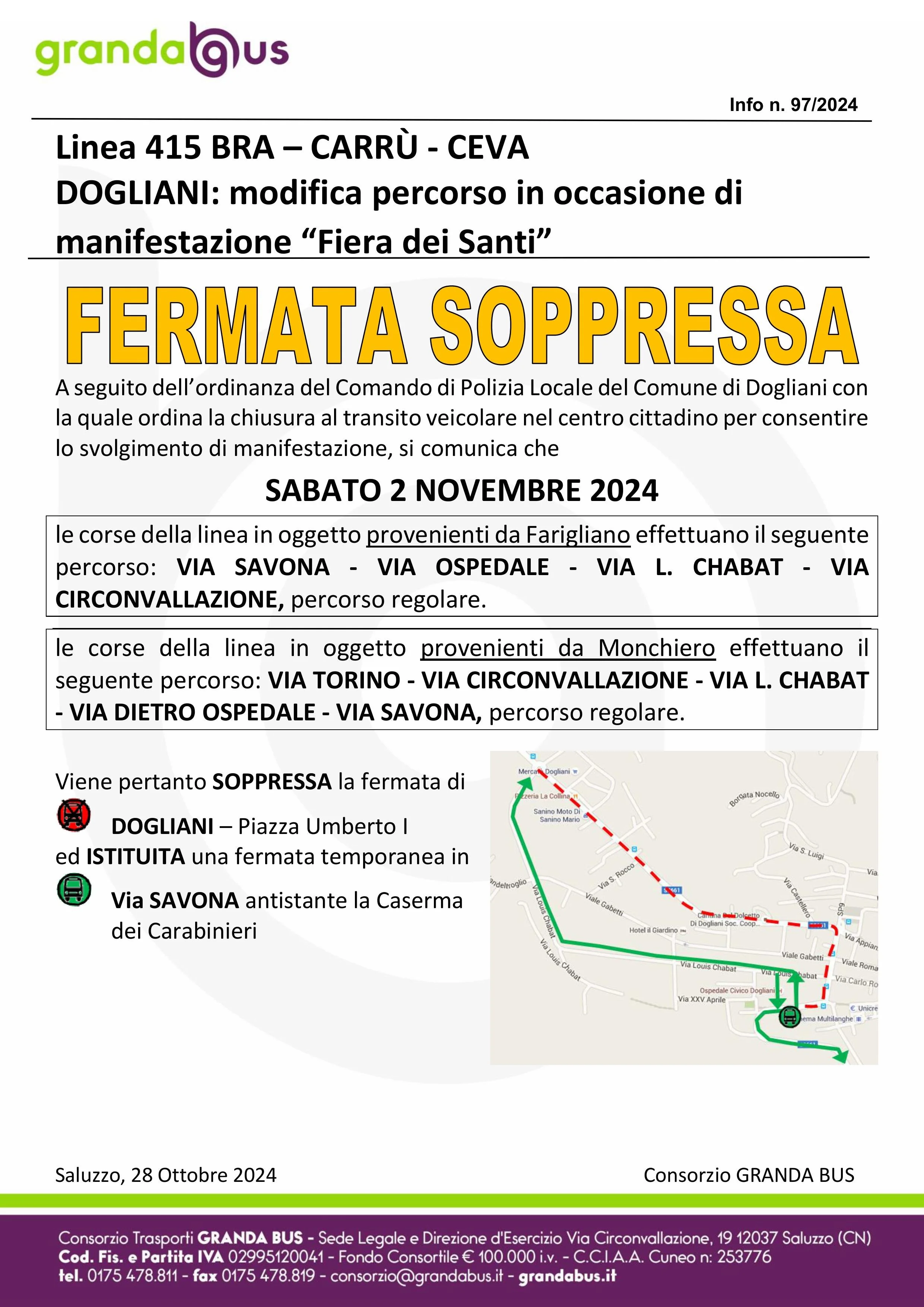 Linea 415 BRA – CARRÙ - CEVA DOGLIANI: modifica percorso in occasione di manifestazione “Fiera dei Santi”
