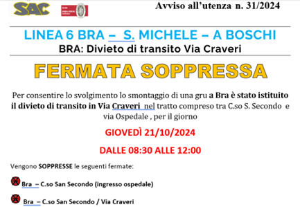 FERMATA SOPPRESSA - LINEA 6 BRA - S.MICHELE- A BOSCHI - BRA DIVIETO DI TRANSITO IN VIA CRAVERI