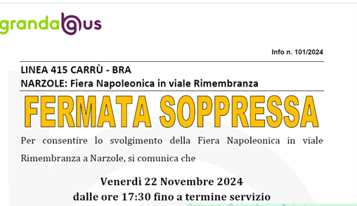 LINEA 415 CARRÙ - BRA NARZOLE: Fiera Napoleonica in viale Rimembranza