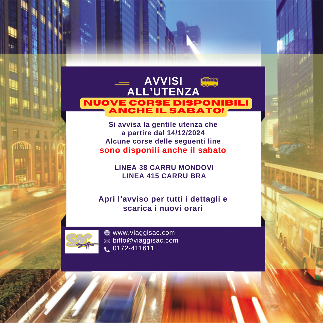 Nuove Corse disponibili anche il sabato Linea 38  e  415 