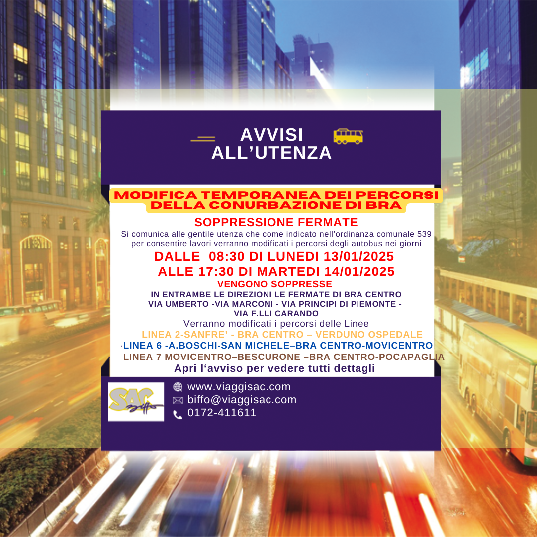 Modifica temporanea dei percorsi della Conurbazione di Bra per lavori in Via Marconi