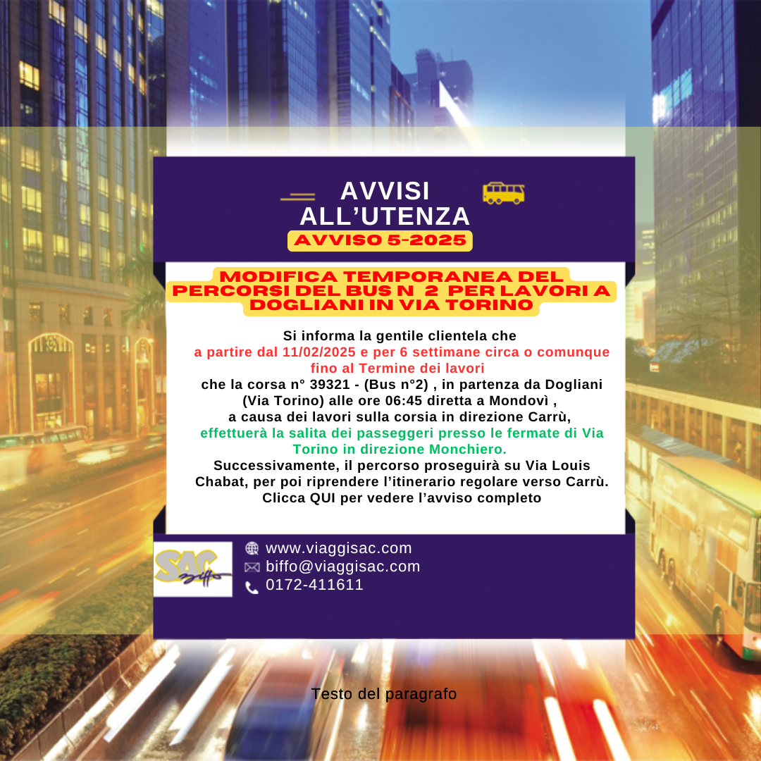 Modifica temporanea del percorsi del bus n° 2  per lavori a Dogliani in Via Torino