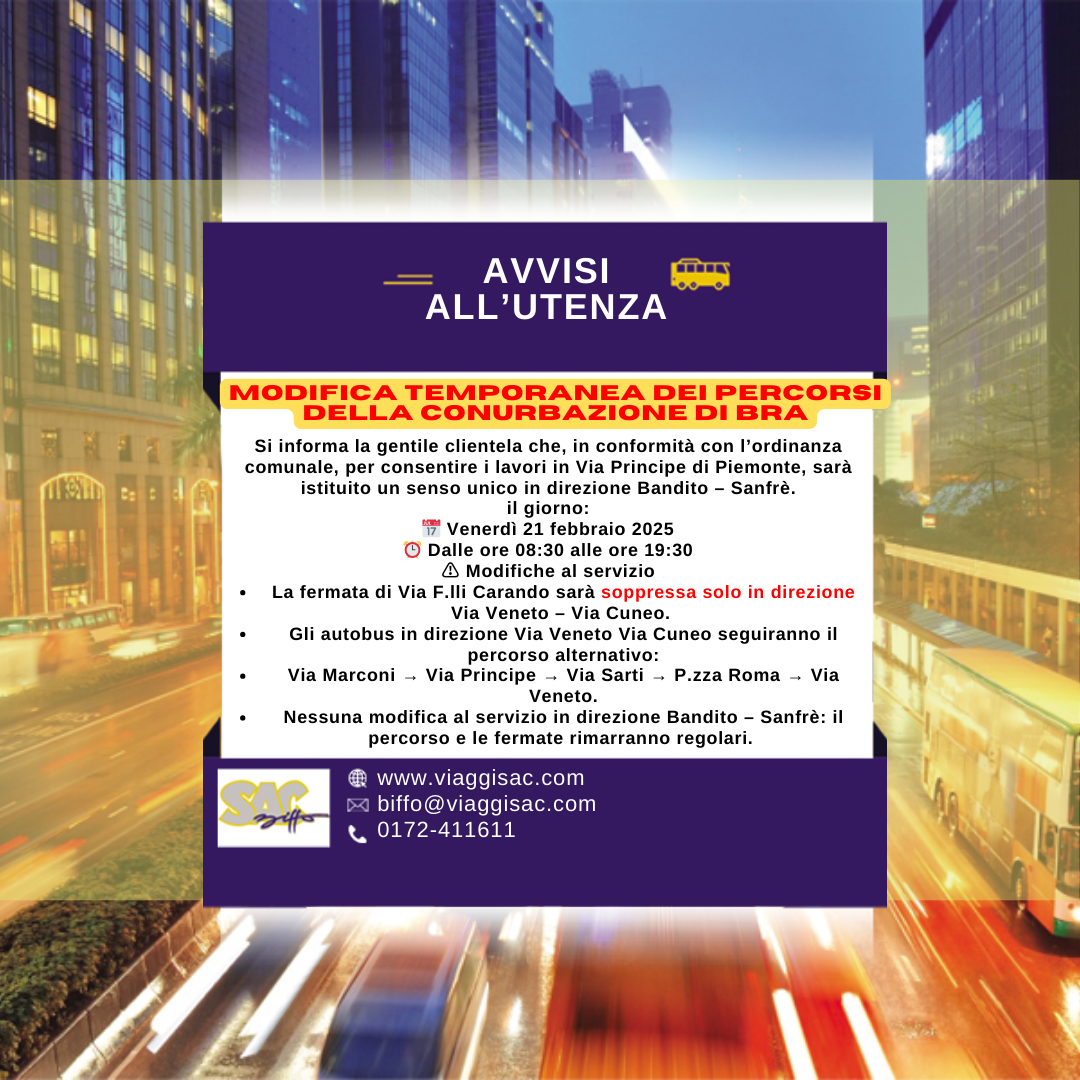 Modifica temporanea dei percorsi della Conurbazione di Bra per lavori in Via Principe
