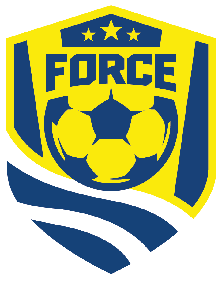 A shield-shaped logo with yellow and blue colors, featuring a soccer ball and the word 'FORCE' at the top, three stars above the word, and stylized stripes at the bottom.