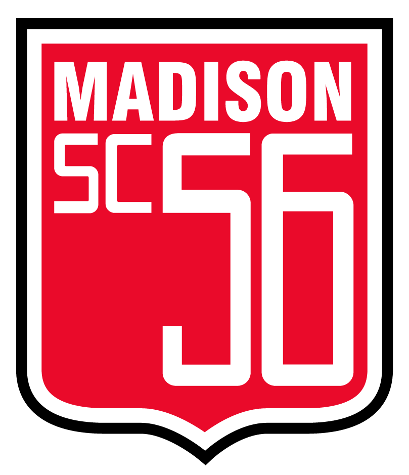 Logo of Madison SC 56 sports team with a red shield background and white text