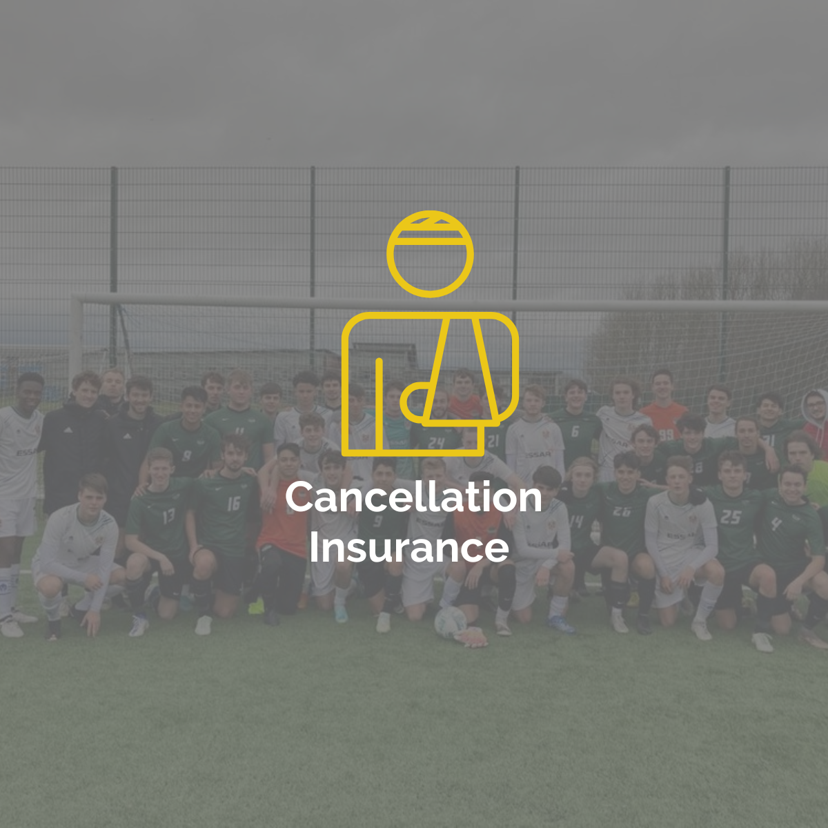 A group of soccer players and staff on a soccer field, with overlay icon and text indicating 'Cancellation Insurance'.