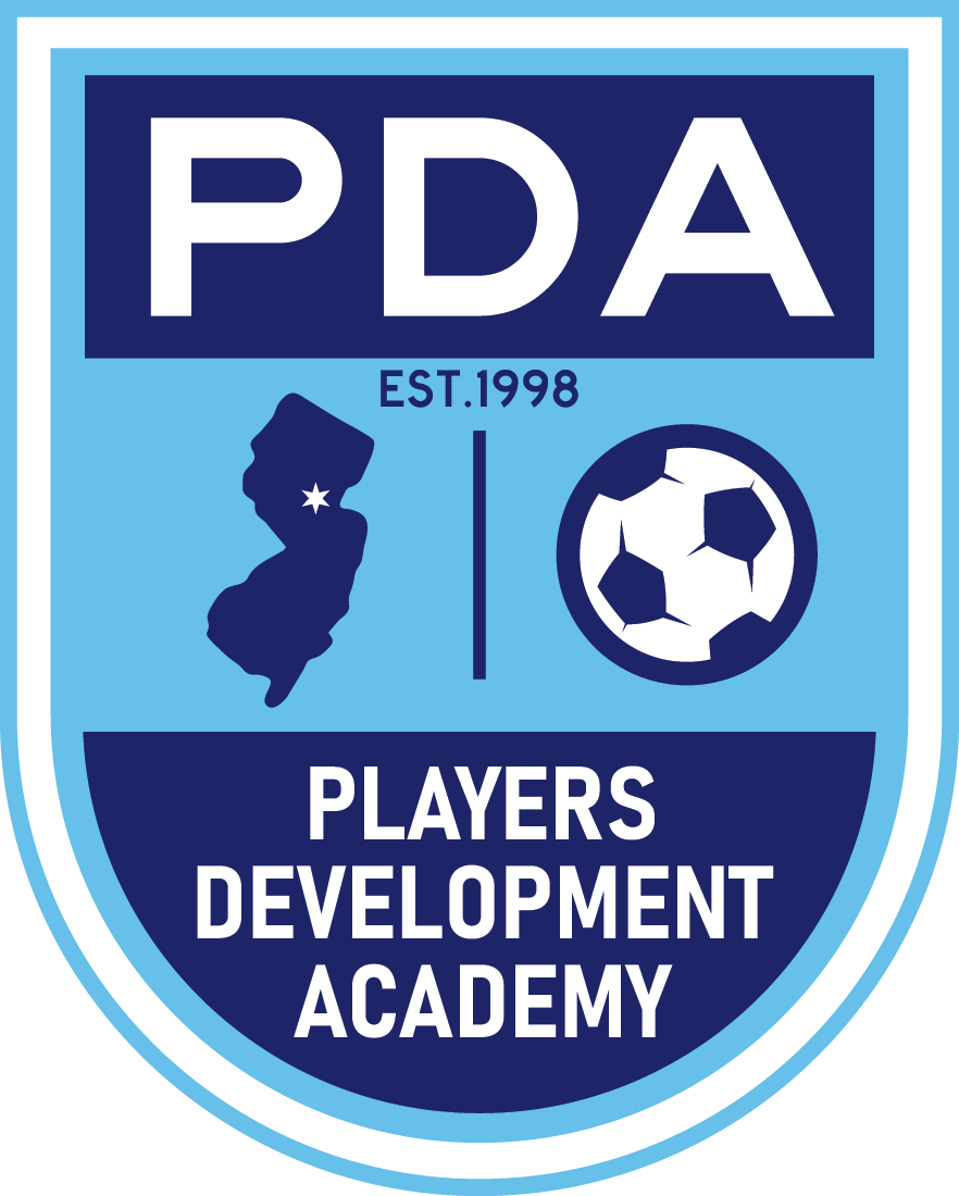 A logo for Players Development Academy with the initials PDA, established in 1998, featuring a map of New Jersey, a soccer ball, and the full name of the organization.