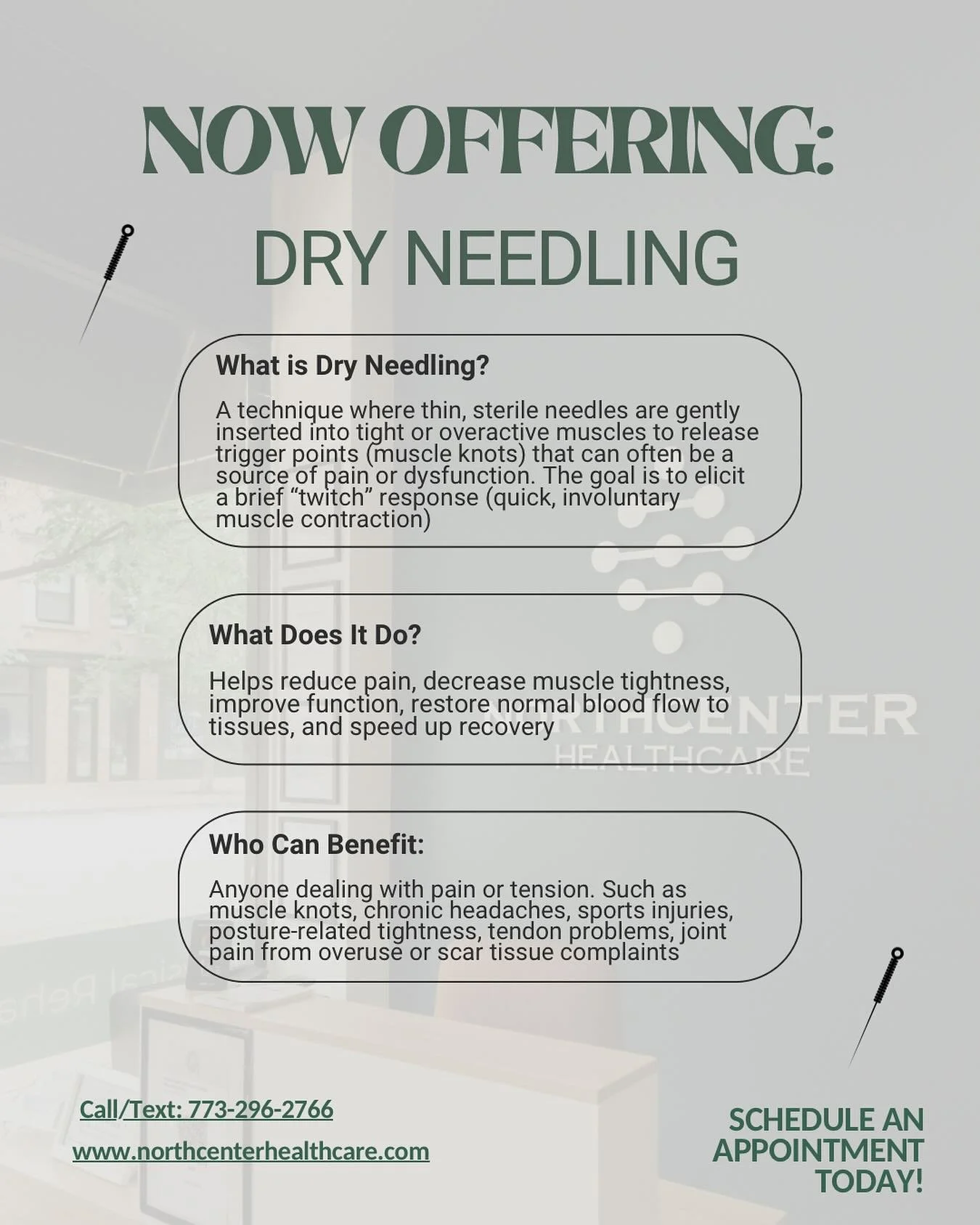 We are excited to announce that Dr. Main is now offering dry needling as part of our services to help you heal and overcome pain and movement limitations.

If you have any questions about dry needling or want to know if it&rsquo;s right for you, plea
