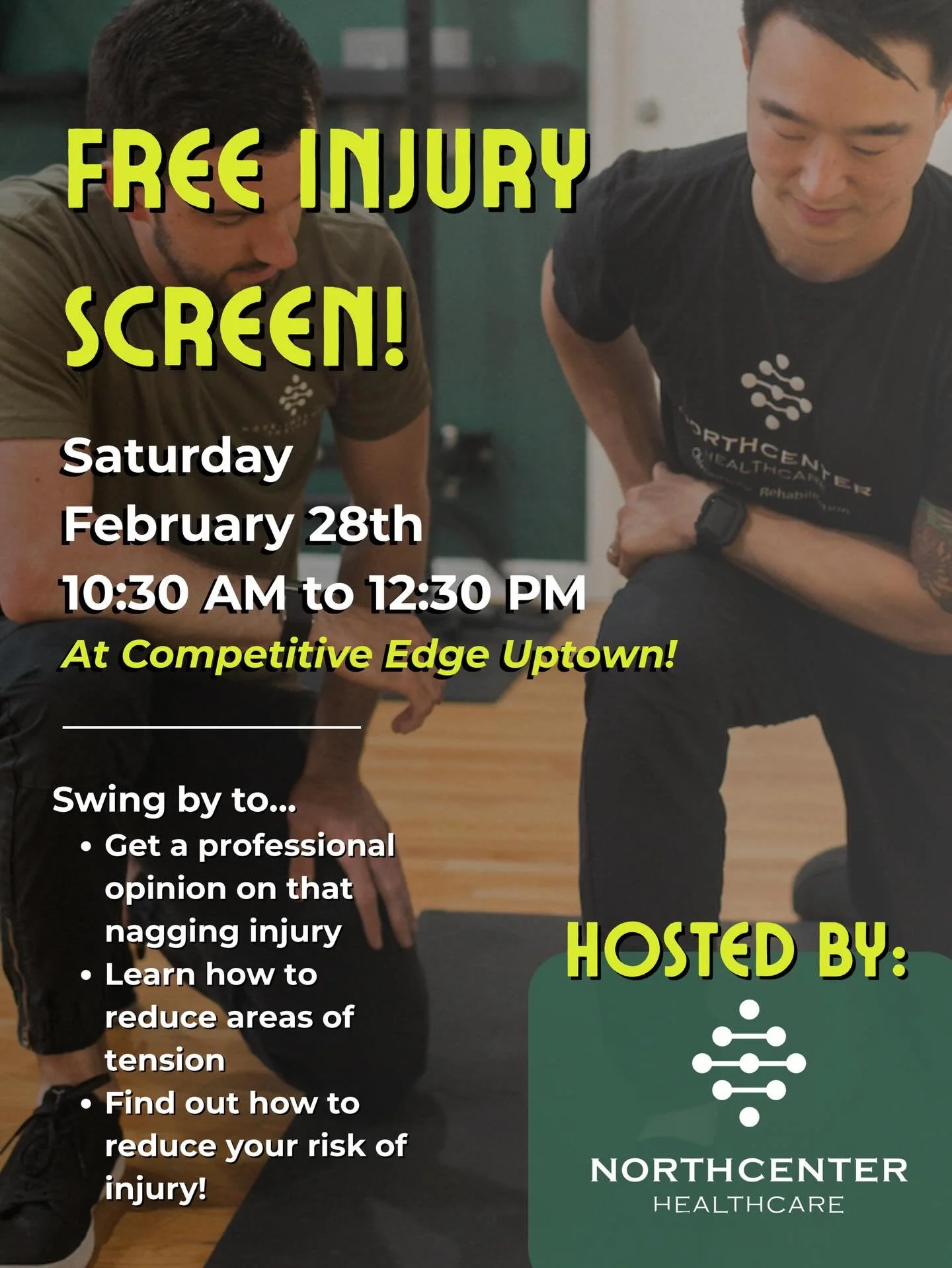 Working out with shoulder pain? Can&rsquo;t figure out why your hip won&rsquo;t let go of that tension? There has to be a better way! 
🌿
If you want answers to these and many more questions, come to our free injury screen @competitive_edge_uptown ! 