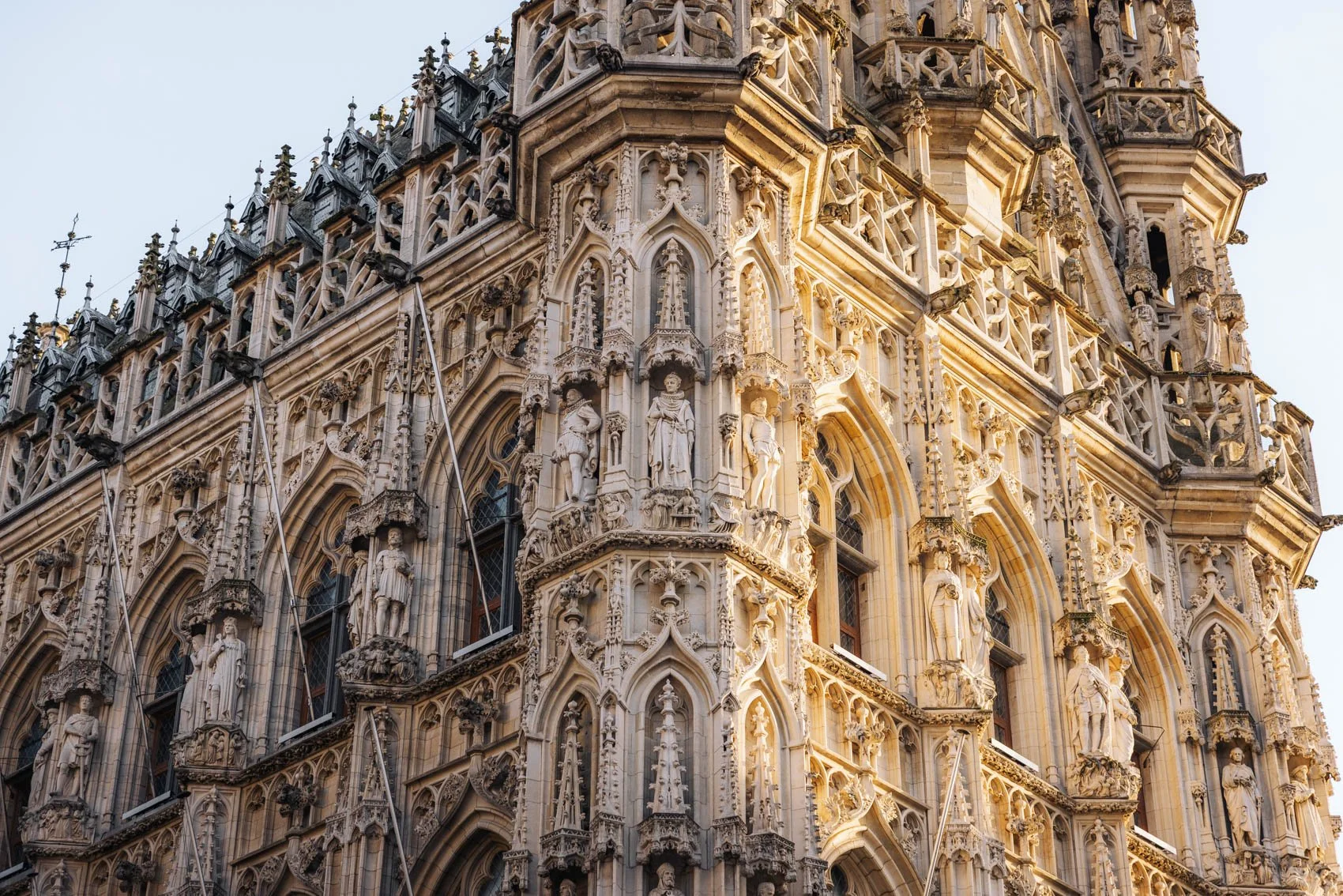 Louvain Leuven Belgique Grote Markt Stadhuis hôtel de ville façade coucher soleil sculptures