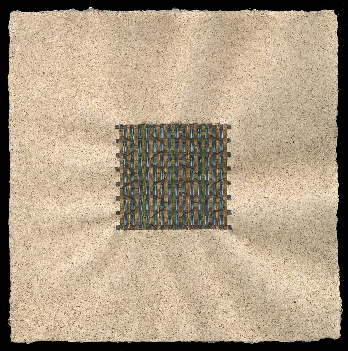 12” x 12” Handmade abaca paper with coconut husk inclusions—woven with pastepaper and waxed linen thread.