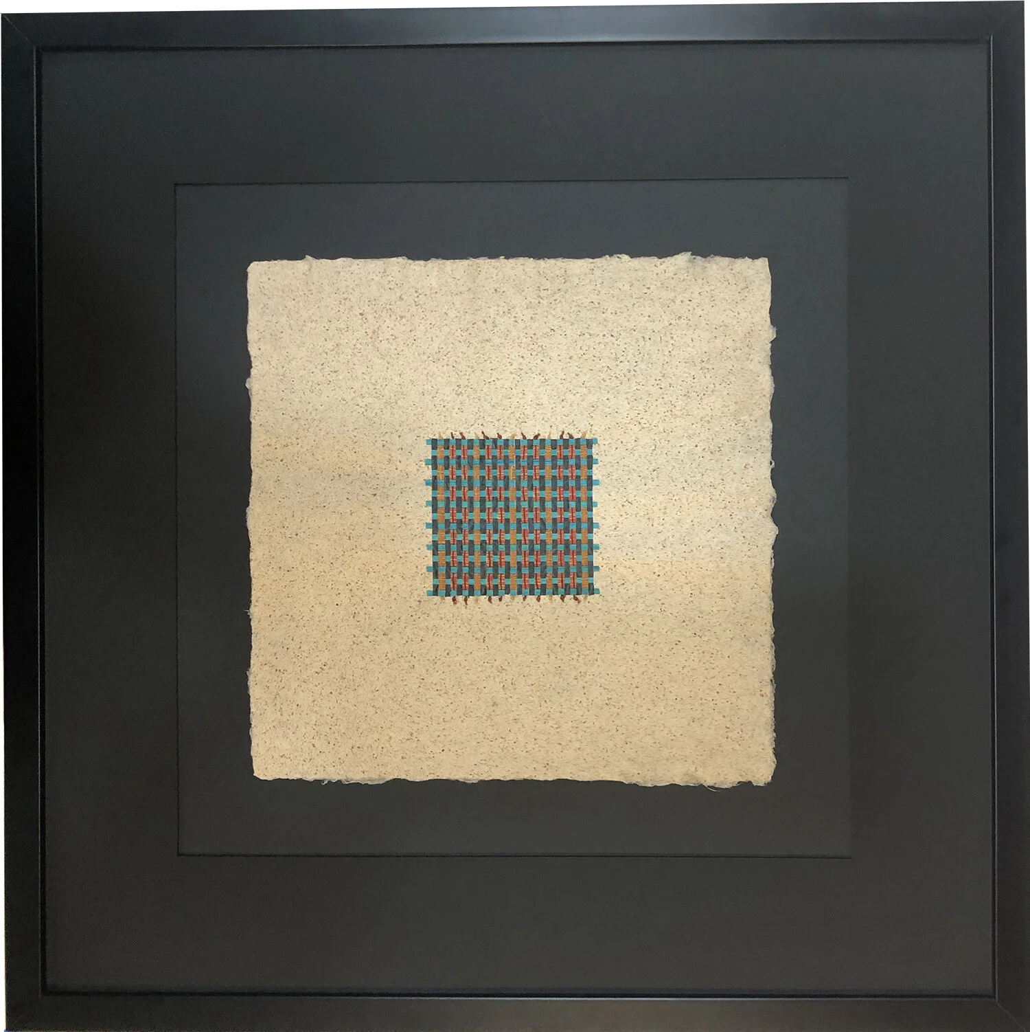 Turquoise and red woven handmade paper. Black frame.