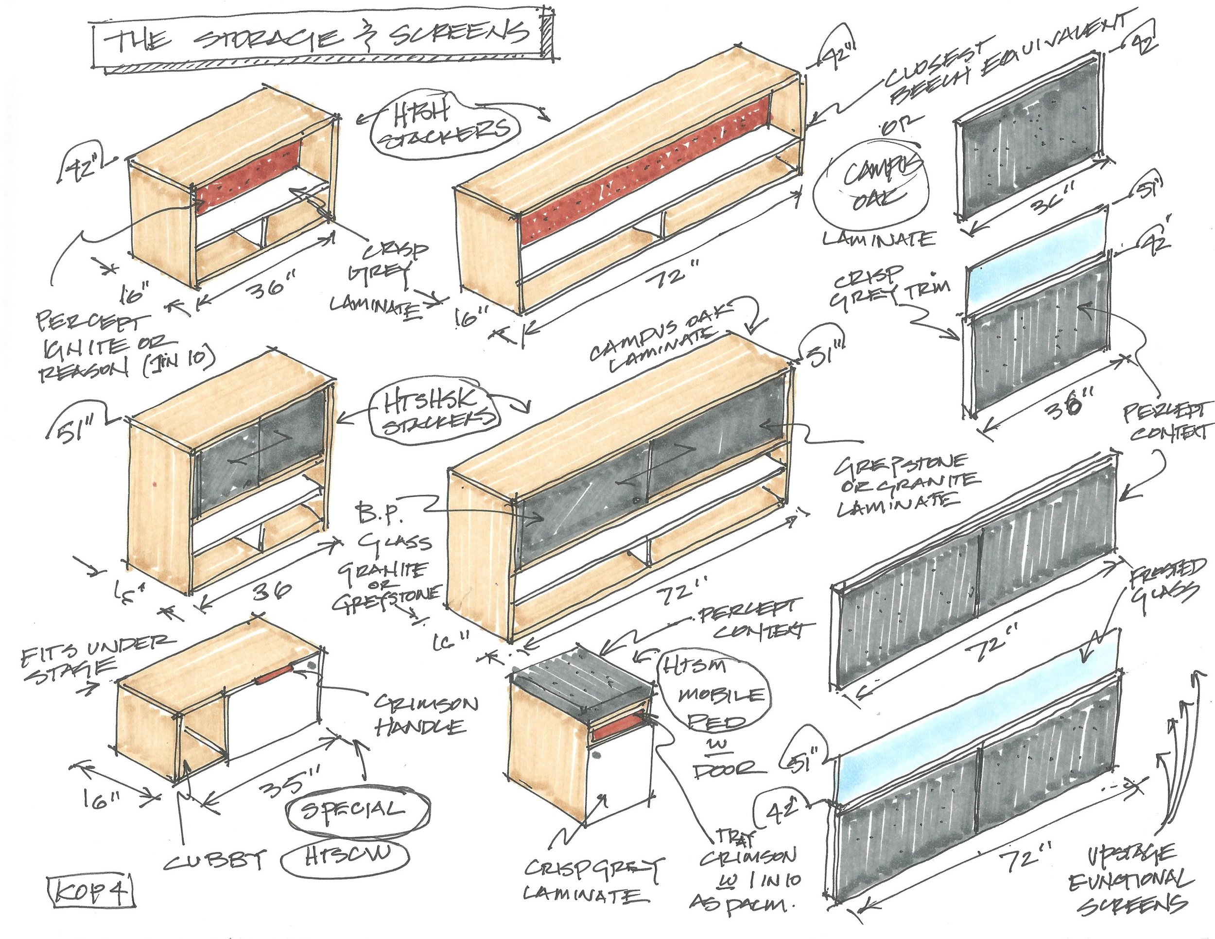  Examples of stacking storage and screens that can be placed on the stage. 