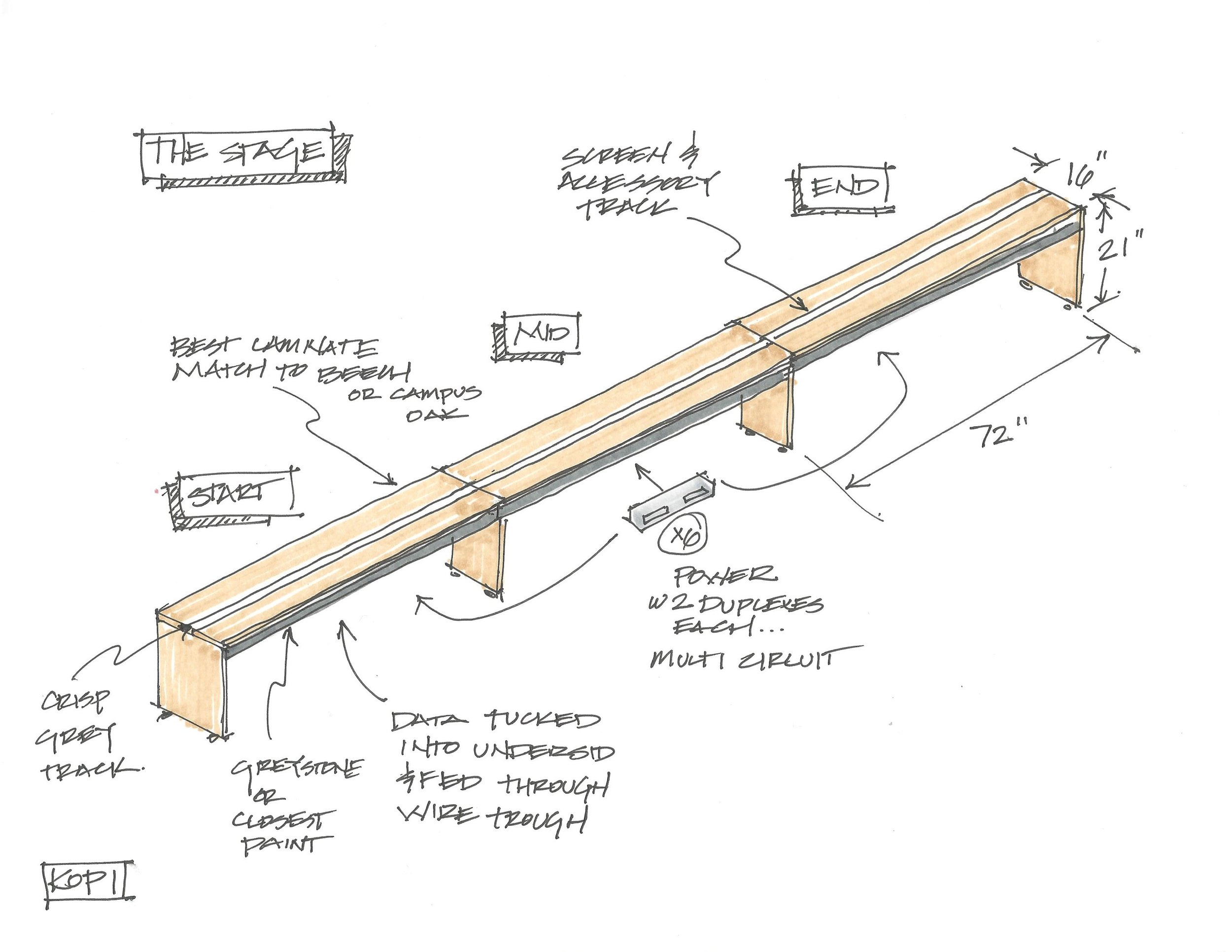  A sketch for a potential client showing the base platform, or stage, that supports the system. 
