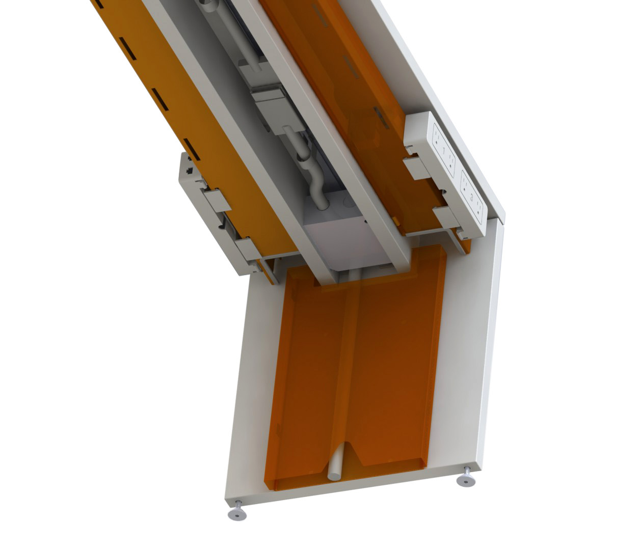 Early CAD model of a base feed connecting to a vertical wire manager and multi-circuit wire splitter.