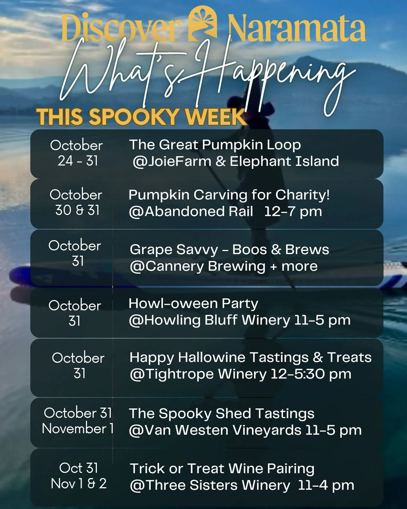 It’s the most boo-tiful time of year in Naramata and we’ve got a lineup of hauntingly good fun to prove it! 
From pumpkin carving contests to trick-or-treat tastings, and everything in between, the Bench is bursting with Halloween spirit