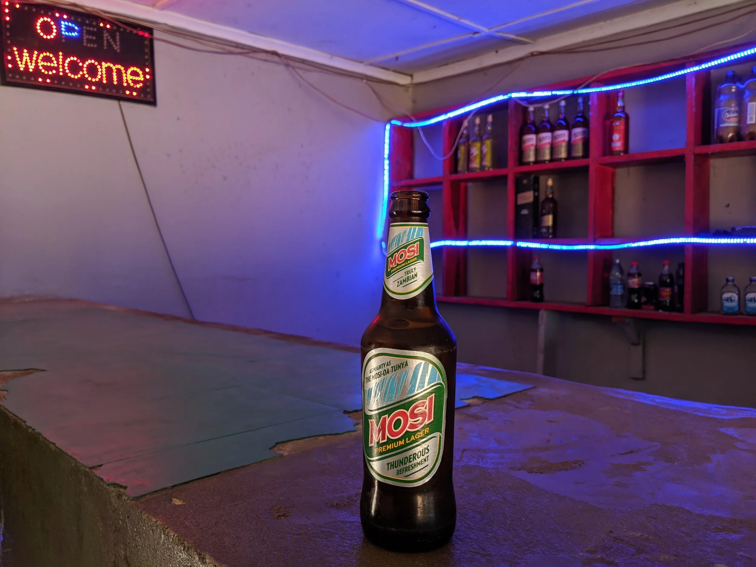 Mosi - a Zambian beer named after the native name for Victoria Falls, Mosi-oa-Tunya (The Smoke which Thunders), one of the seven natural wonders of the world and by some measures the largest waterfall on Earth. 10 kwacha or about $0.75 each.