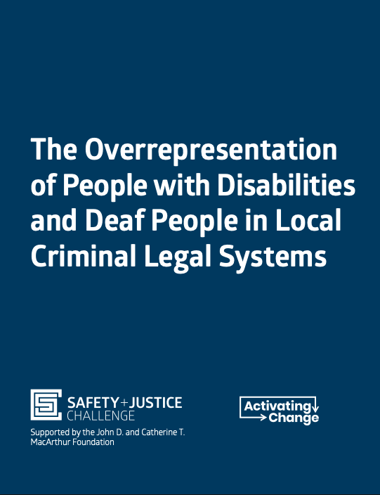 screenshot of the title page of the white paper with the title in white writing on a dark blue background above the logos for the Safety + Justice Challenge and Activating Change.