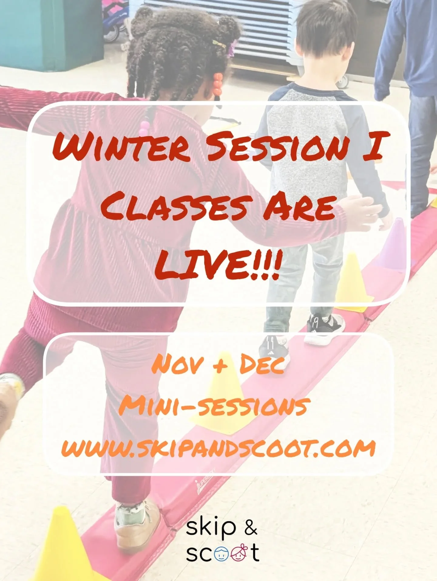 It's true!!! Come inside with us this Nov + Dec to get active while staying cozy. Check out all of our gross motor options for ages 0-4 here: www.skipandscoot.com! 

See you in class!! 🌨️🥳

*sessions or drop-ins available 
*spots are limited and th