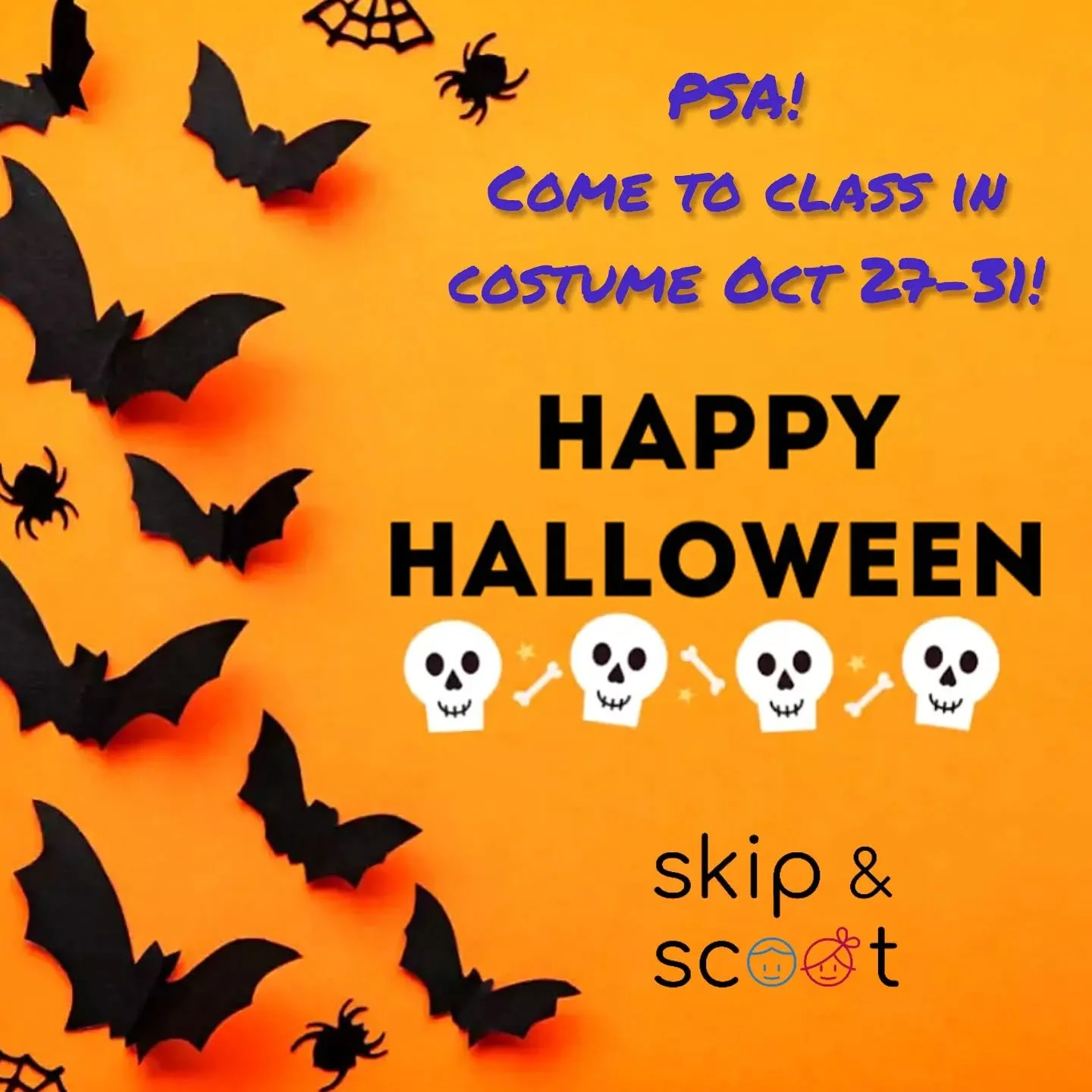 If you're registered for class next week, please come in costume if you'd like! We can't wait to see all of your cuties dressed up. 

And if you're not registered, drop-in with us and come join the gross motor play costume party! 🥳⚡🎃

#skipandscoot