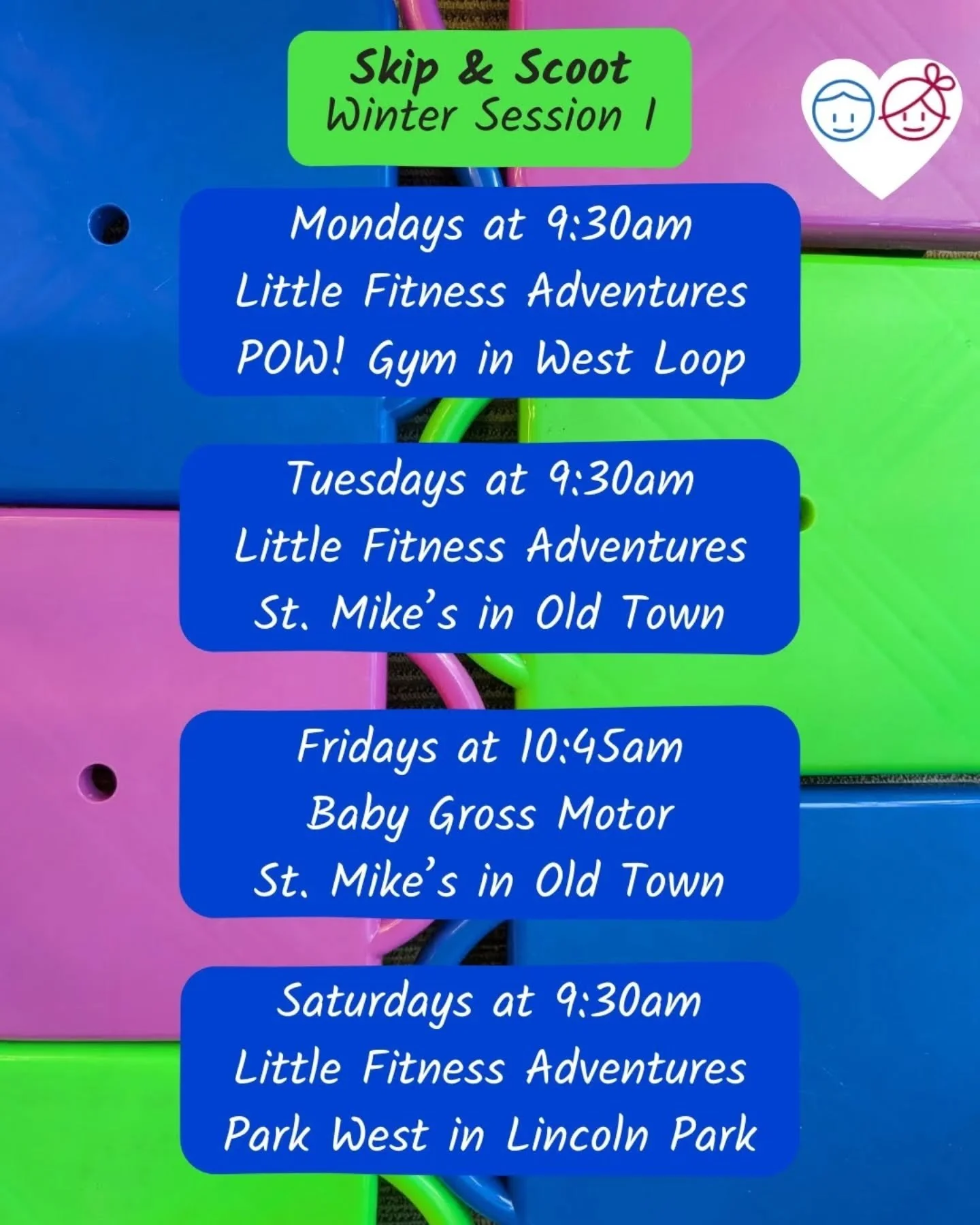 @SkipandScoot's Winter Session I gross motor learning lineup! &gt;&gt; Swipe for pics and deets of each space! 

Register TODAY and we look forward to seeing you in class! 

www.skipandscoot.com/classes

#skipandscoot #chicagokidsclasses #sharechicag