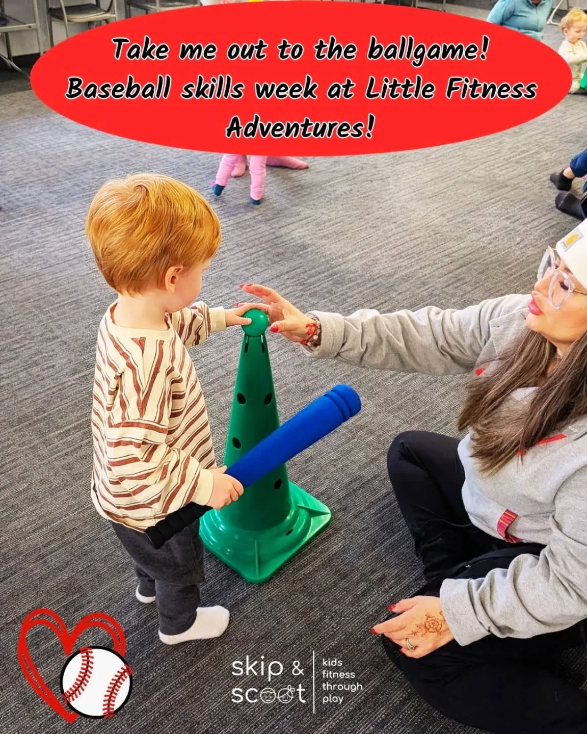 At @skipandscoot we don't teach kids skills so that they become proficient in particular sports, we use sports as a fun way to introduce developmental skills. 

This "baseball lesson" offered opportunities to practice hand-eye coordination,