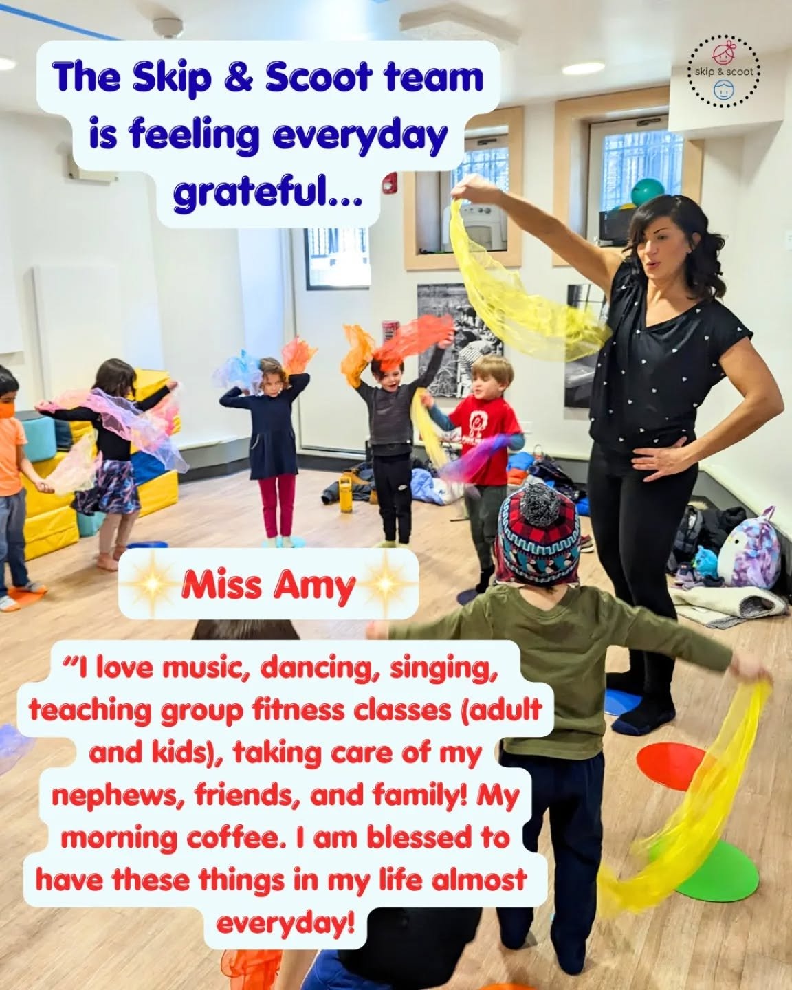 And, WE are blessed to have you on our team everyday! 🫶🏻 Stay tuned to hear everyday gratefulness from our teachers this week! 

Spring classes are going and we have only a couple more spots! Find some space to move with us here: www.skipandscoot.c