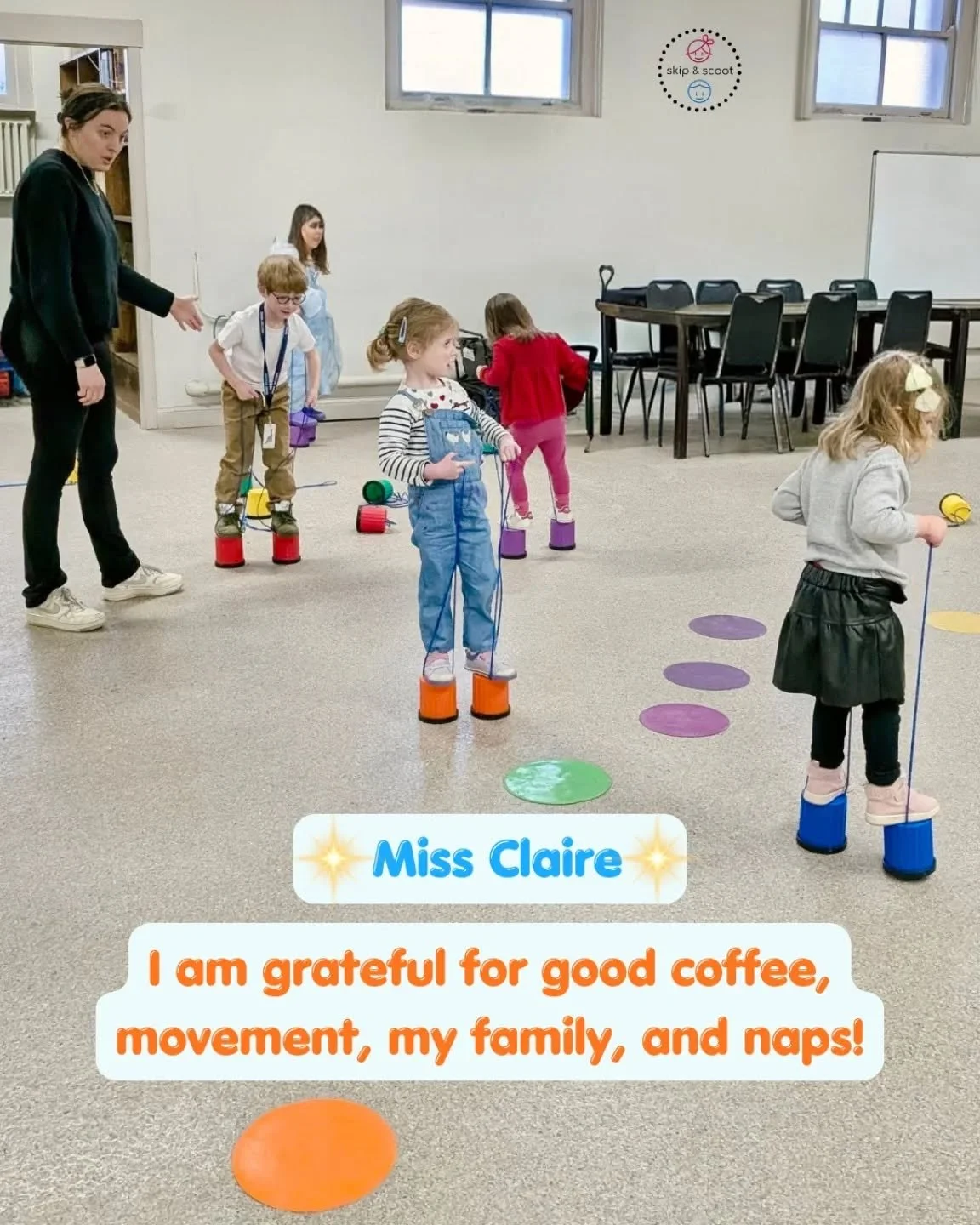 Everyday gratefulness at @skipandscoot continues! We're so grateful to have Miss Claire on our preschool enrichment team! 

After a week of bustling spring classes, new and returning preschool partnership classes, and tons of gross motor fun, we're w