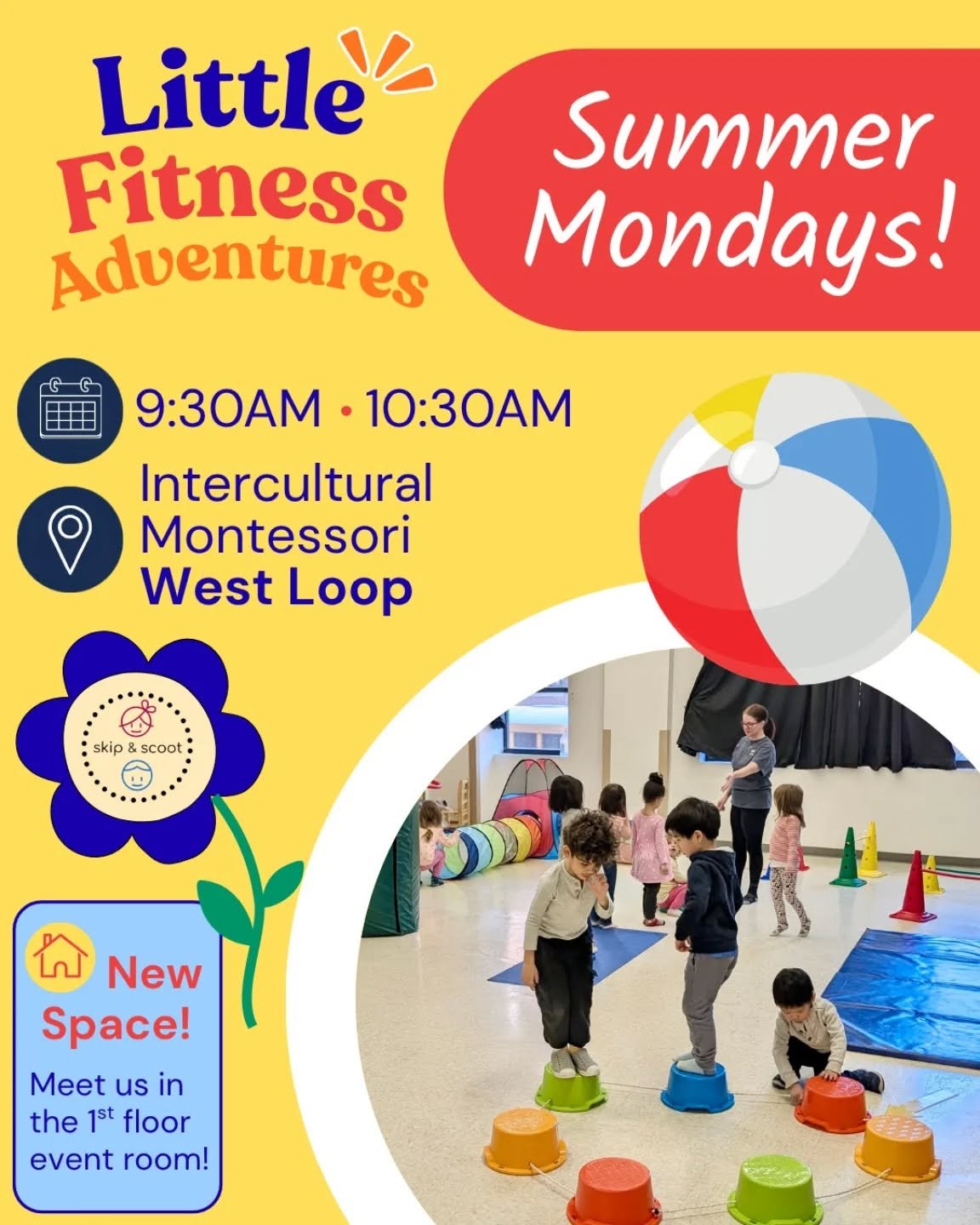Summer Mondays in the #WestLoop are here with @skipandscoot! We're renting space from our amazing partners at @interculturalmontessori, and we can't wait! 

Register now as spots are limited and going fast! www.skipandscoot.com See you in class!

#sk
