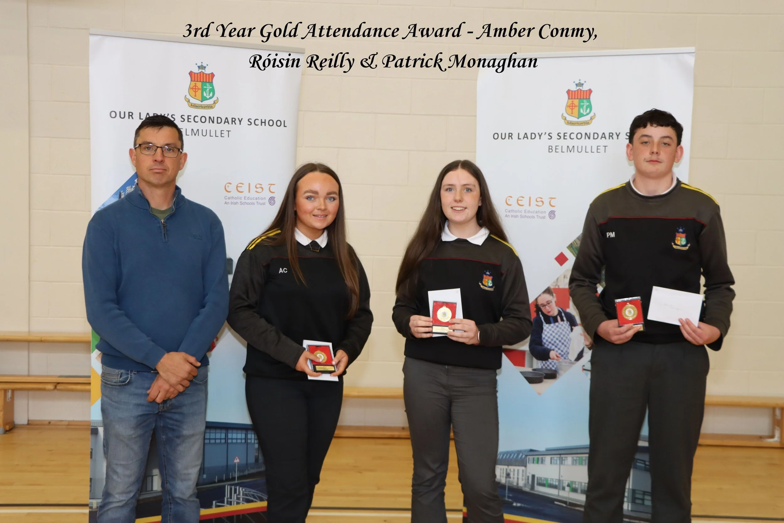 52_3rd Year Gold Attendance Award - Amber Conmy, Róisin Reilly & Patrick Monaghan.jpg