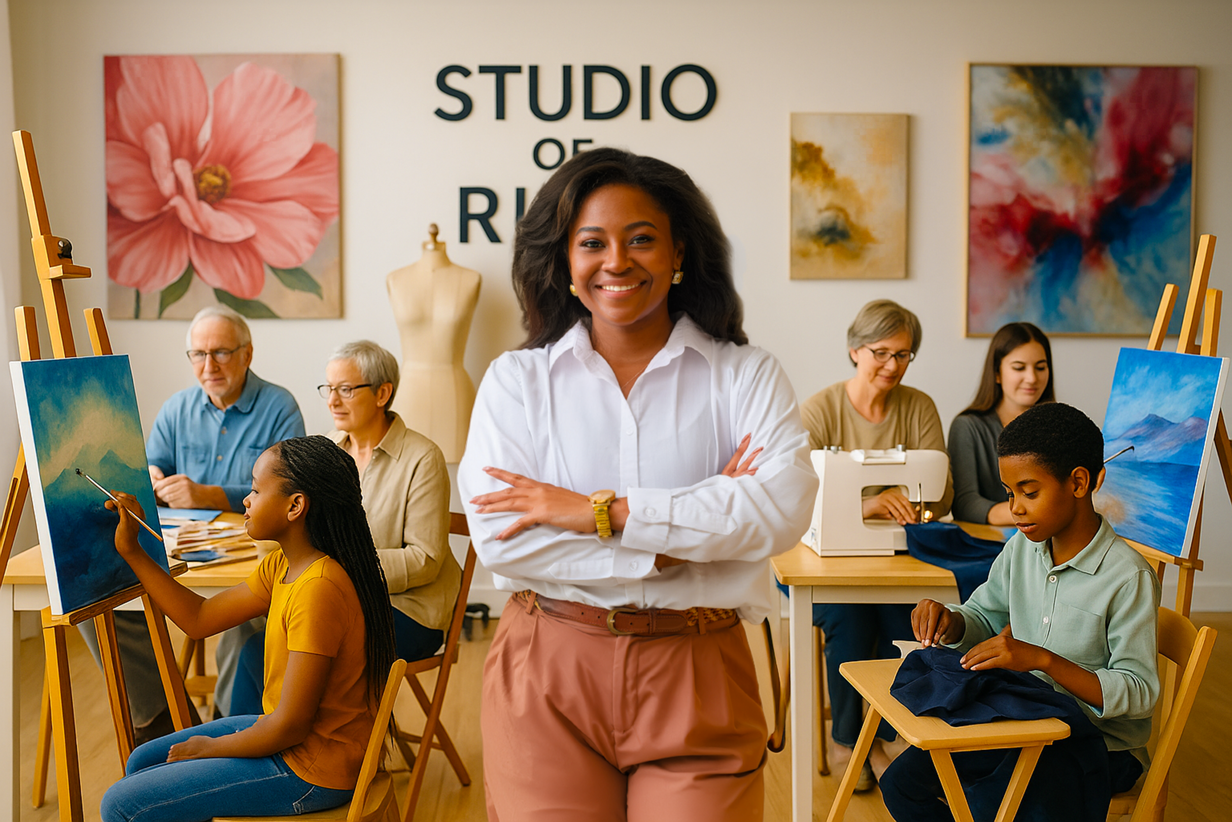 A diverse group of people in an art studio. In the foreground, a smiling woman with dark hair, white shirt, and pink pants stands with arms crossed. Behind her, children and adults are engaged in painting, with some working on canvas and others seated around tables. The room is decorated with colorful abstract and floral paintings, and a mannequin is visible in the background. The sign on the wall reads 'STUDIO OF R'.